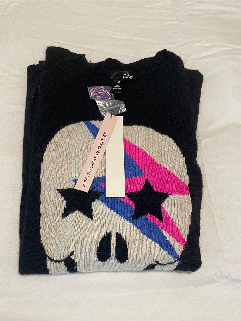 Aqua Skull Graphic Cashmere Sweater - Black, Cream, Pink, Sz S